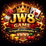 JW8 Game casino style logo with crown, dice, cards and royalcasinoapks branding