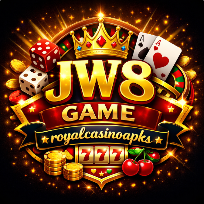 JW8 Game casino style logo with crown, dice, cards and royalcasinoapks branding