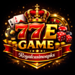 777E Game casino logo with golden crown, poker chips, dice, playing cards, and glowing red sevens on a dark luxury background.