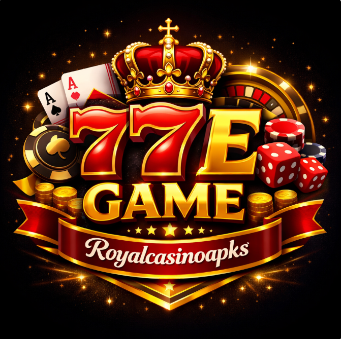 777E Game casino logo with golden crown, poker chips, dice, playing cards, and glowing red sevens on a dark luxury background.
