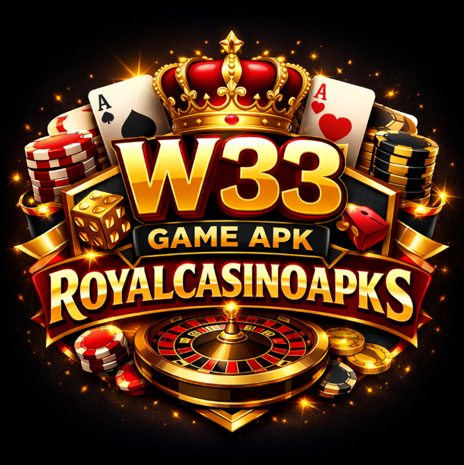 Golden W33 Game APK casino themed logo with crown, playing cards, poker chips, dice and roulette wheel on a dark glowing background