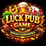 Colorful casino themed Luck Pub Game APK logo with golden text, beer mug, poker chips, playing cards, dice, horseshoe and slot machine symbols