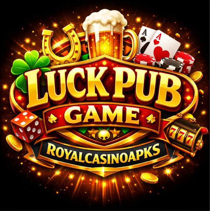 Colorful casino themed Luck Pub Game APK logo with golden text, beer mug, poker chips, playing cards, dice, horseshoe and slot machine symbols