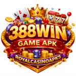 Colorful casino-style logo featuring 388Win Game APK with gold text, poker chips, playing cards, dice, and a crown on a vibrant background.
