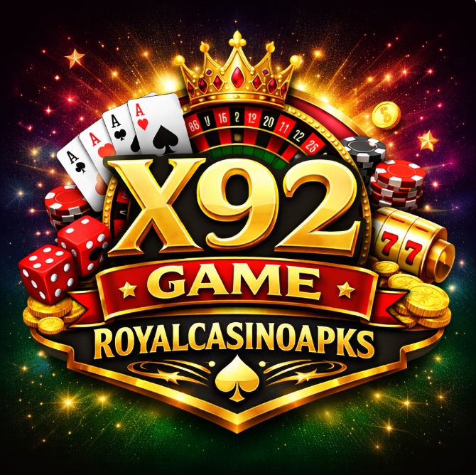 X92 Game casino themed logo with golden text, crown, roulette wheel, playing cards, dice, poker chips, and colorful glowing background