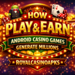 Colorful banner showing Play & Earn Android casino games concept with coins, cards, roulette wheel, slot machine and Android mascot