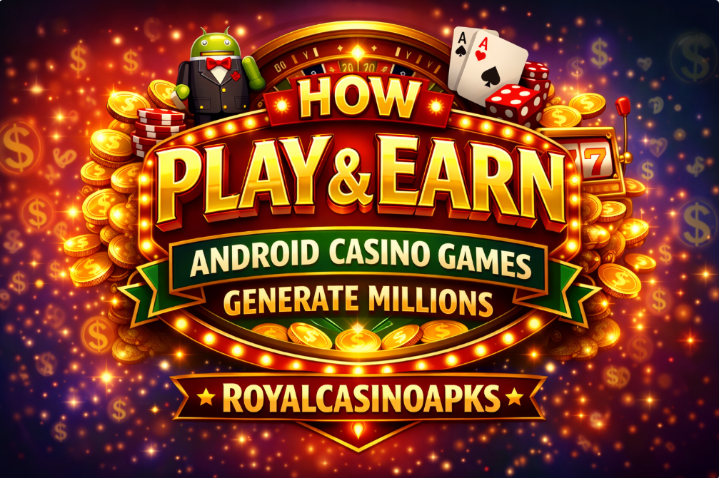 Colorful banner showing Play & Earn Android casino games concept with coins, cards, roulette wheel, slot machine and Android mascot
