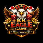 KK Eagle Game casino style logo featuring a powerful eagle with wings spread, playing cards, dice, poker chips, and gold coins in a luxury gaming theme.
