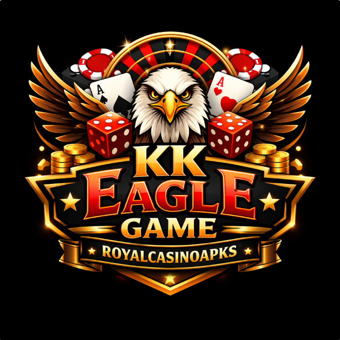 KK Eagle Game casino style logo featuring a powerful eagle with wings spread, playing cards, dice, poker chips, and gold coins in a luxury gaming theme.