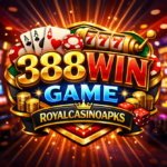 Attractive 388Win casino game logo with golden numbers, playing cards, slot machine, and coins