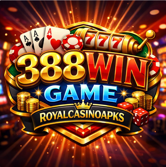 Attractive 388Win casino game logo with golden numbers, playing cards, slot machine, and coins