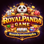 RoyalPanda Game casino logo with crowned panda, gold coins, dice, and poker elements in a vibrant gaming theme