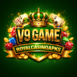 Luxurious V9 Game casino logo with golden crown, playing cards, dice, and chips on a glowing green background